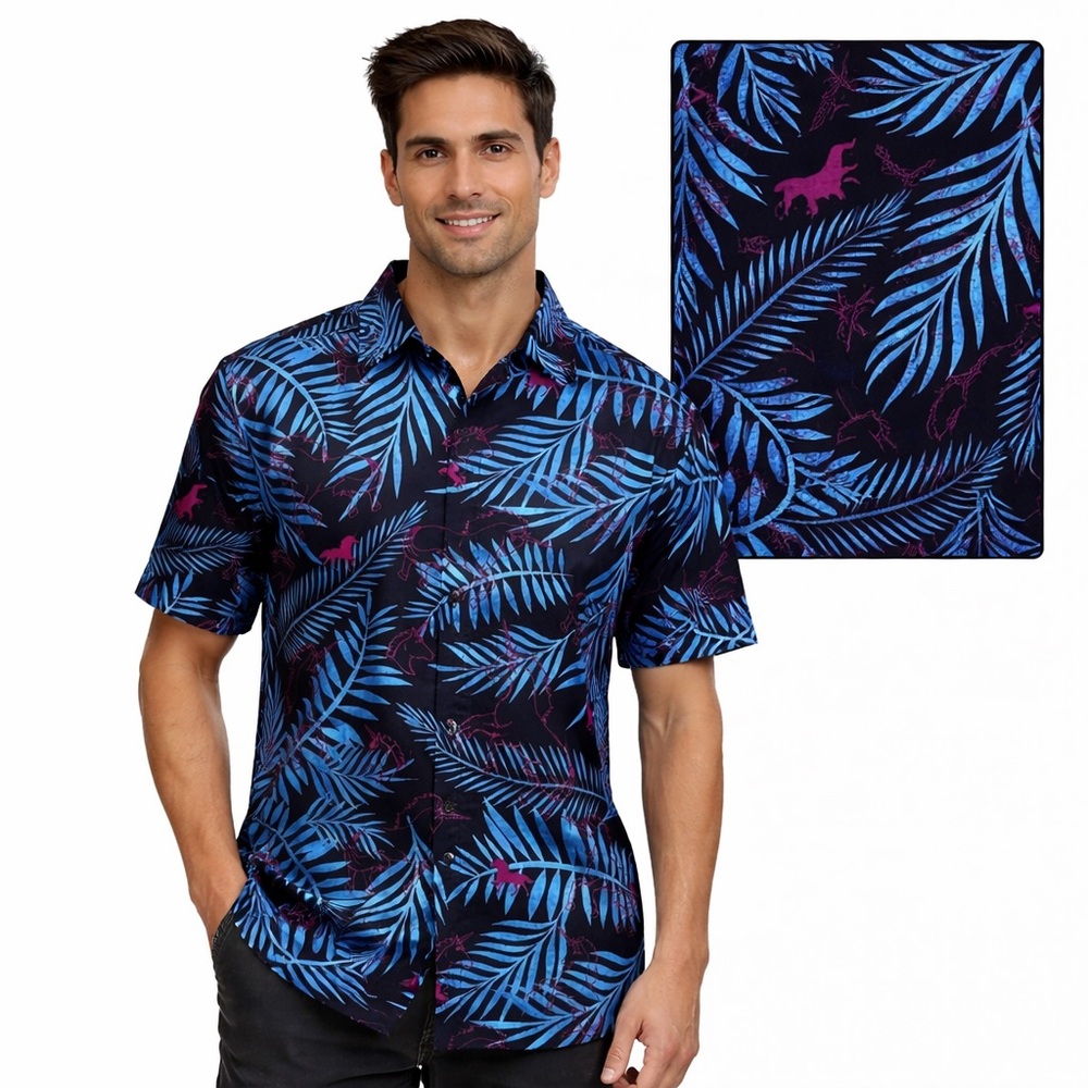Tropical Novelty – Funny Guy Unicorn Palm Print Button Down – Blue Purple M